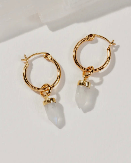 Genuine Moonstone Hoop Earrings 14K Gold Plated