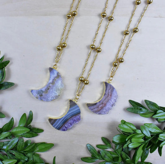Gold Plated Crescent Moon Amethyst Slice Necklace