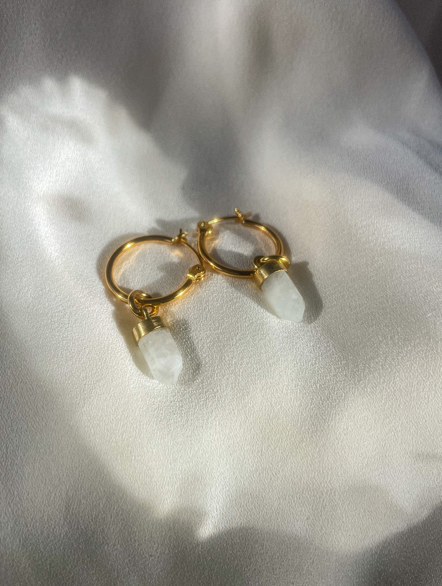 Genuine Moonstone Hoop Earrings 14K Gold Plated