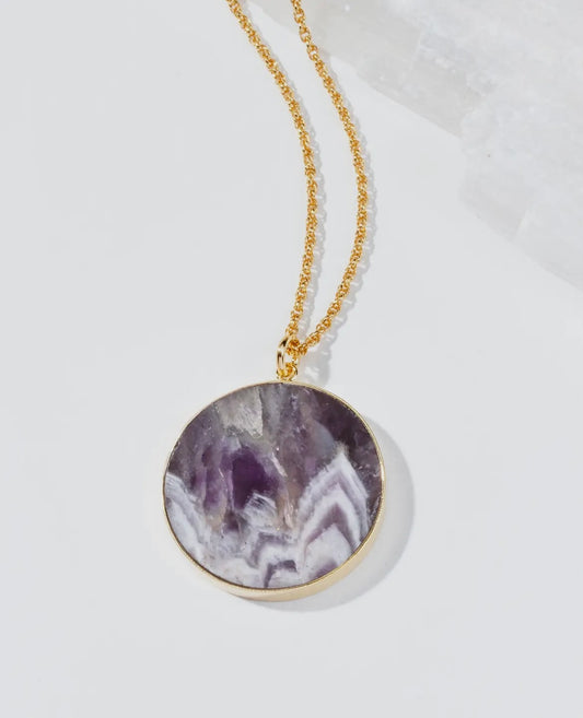 Chevron Amethyst Medallion Necklace 14K Gold Plated