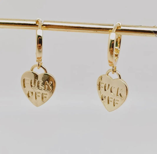 "Fuck Off" Heart-Shaped 18K Gold Plated Hoop Earrings