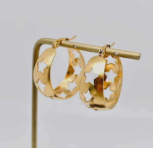 Hollow Out Stars 18K Gold Plated Stainless Steel Hoop Earrings
