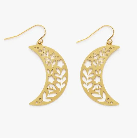 Gold Flower Crescent Moon Earrings