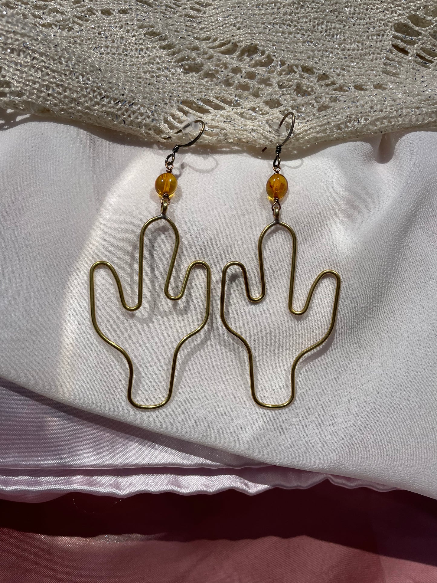 Large Cactus Earrings with Baltic Amber Gems