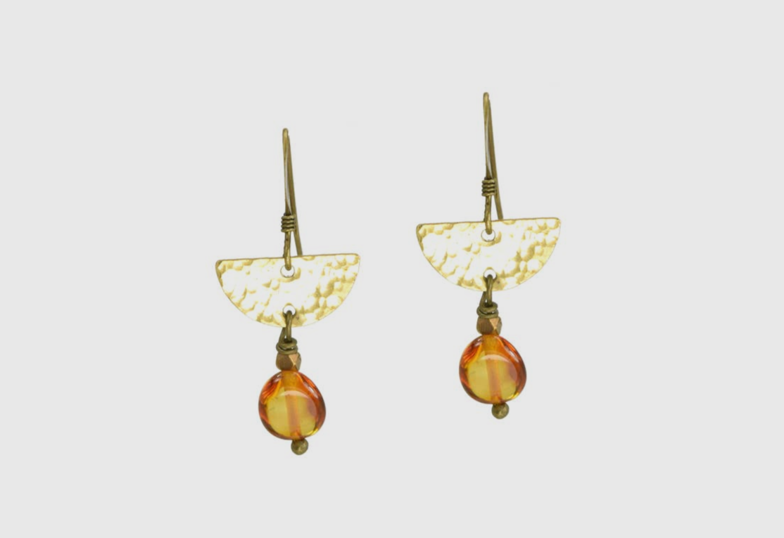 Baltic Amber Hammered Half Moon Goddess Earrings