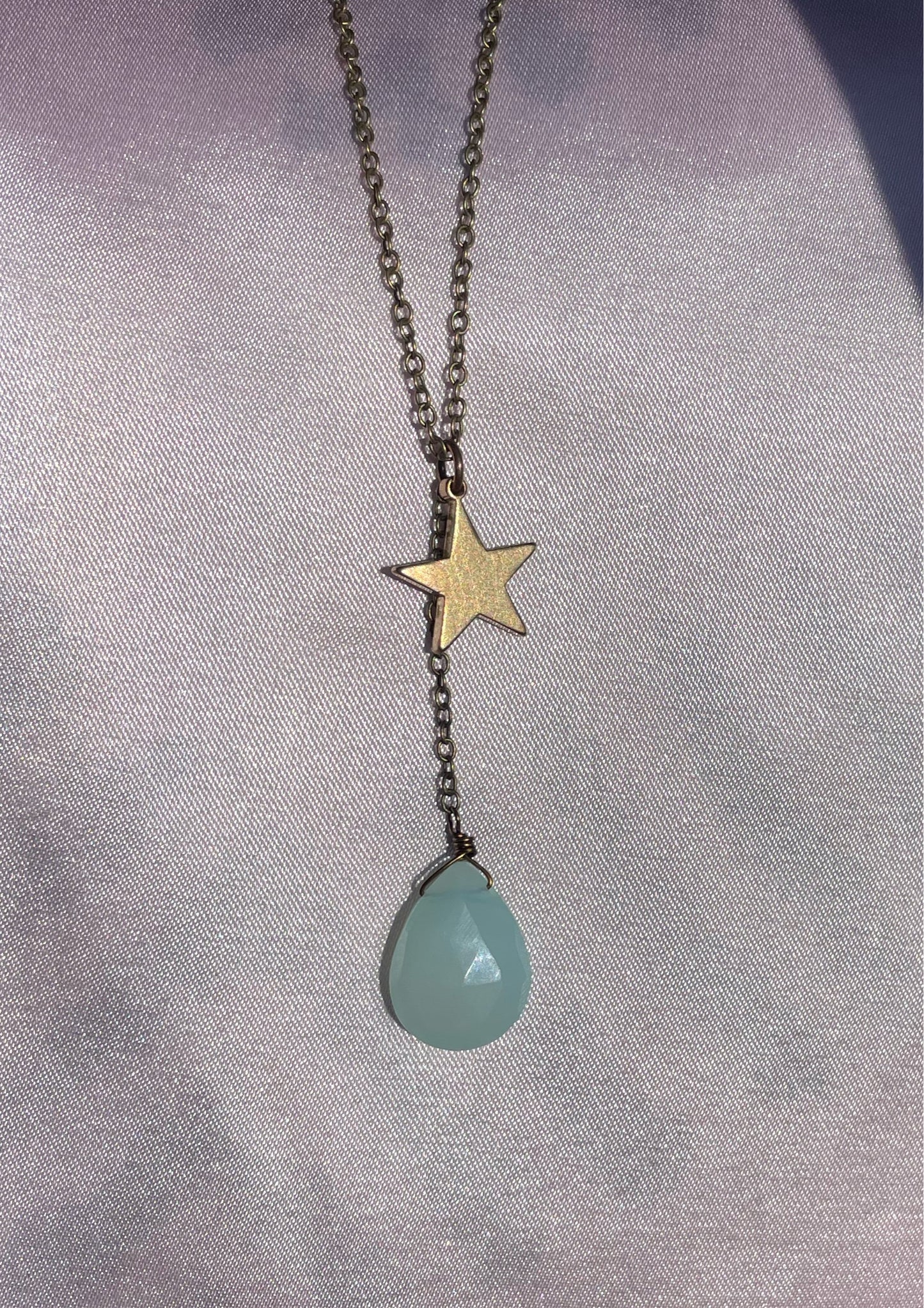 Seafoam Chalcedony Golden Star Chain Drop Necklace