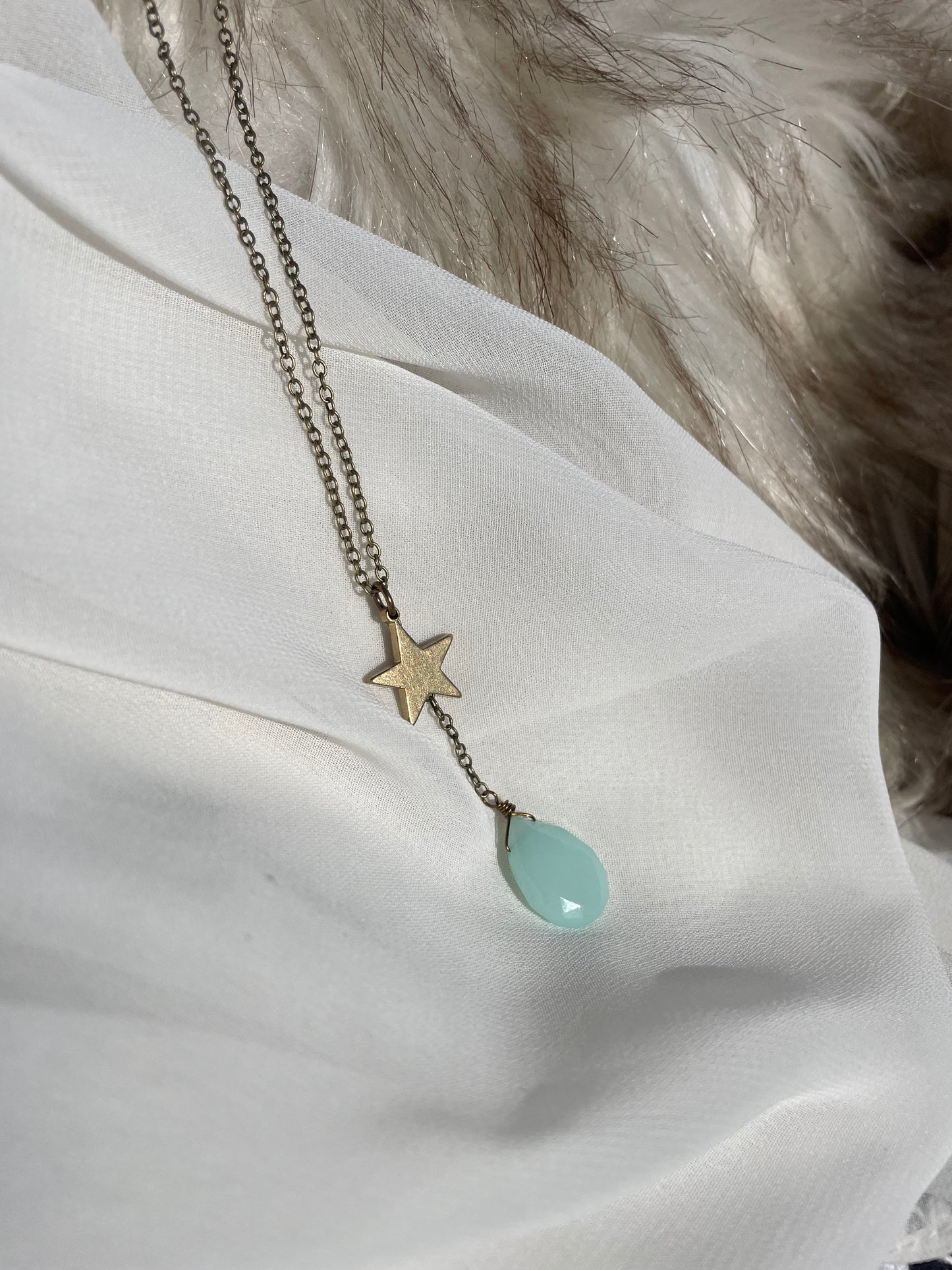 Seafoam Chalcedony Golden Star Chain Drop Necklace