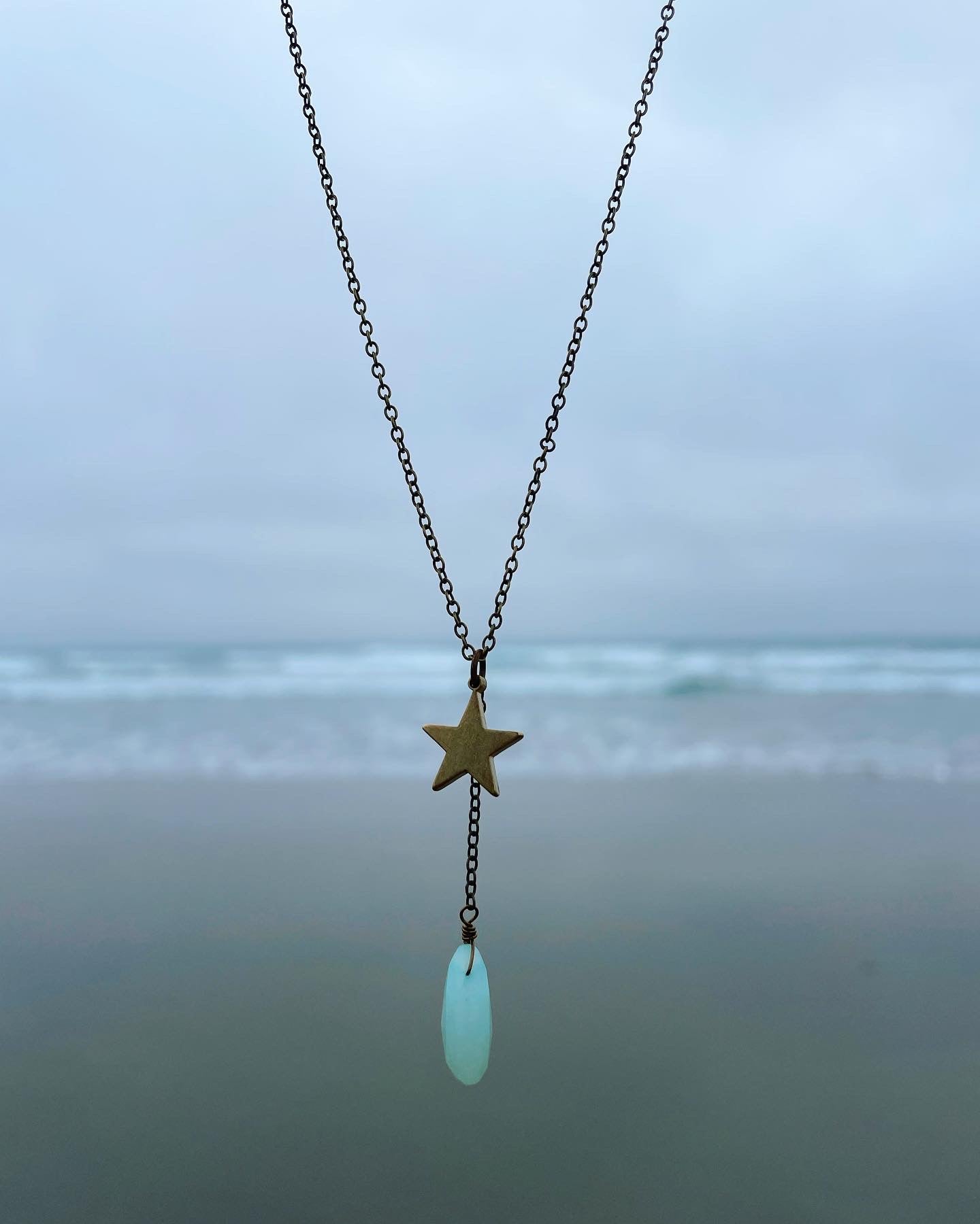 Seafoam Chalcedony Golden Star Chain Drop Necklace