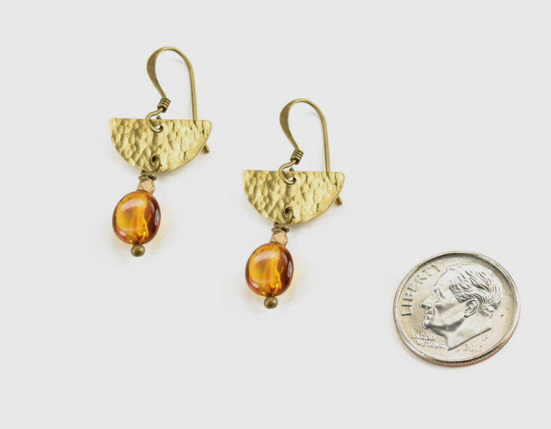 Baltic Amber Hammered Half Moon Goddess Earrings