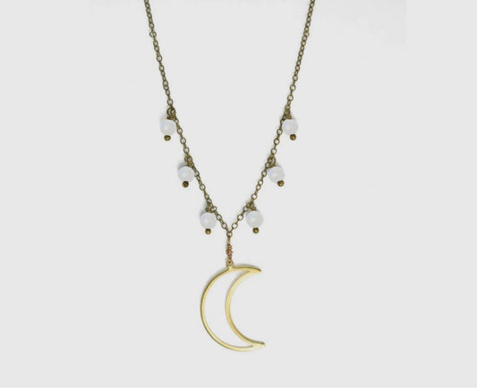 Gold Crescent Moon Rainbow Moonstone Necklace
