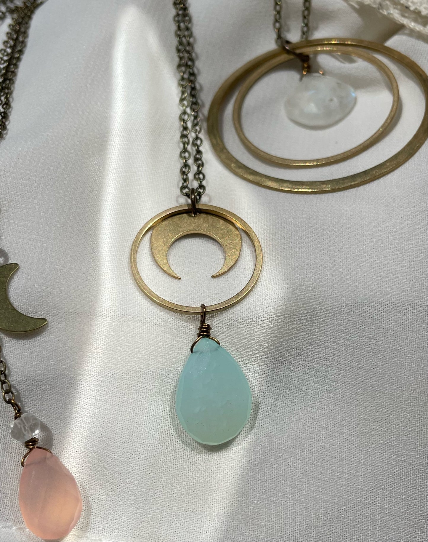 Seafoam Chalcedony Hammered Crescent Moon Circle Necklace