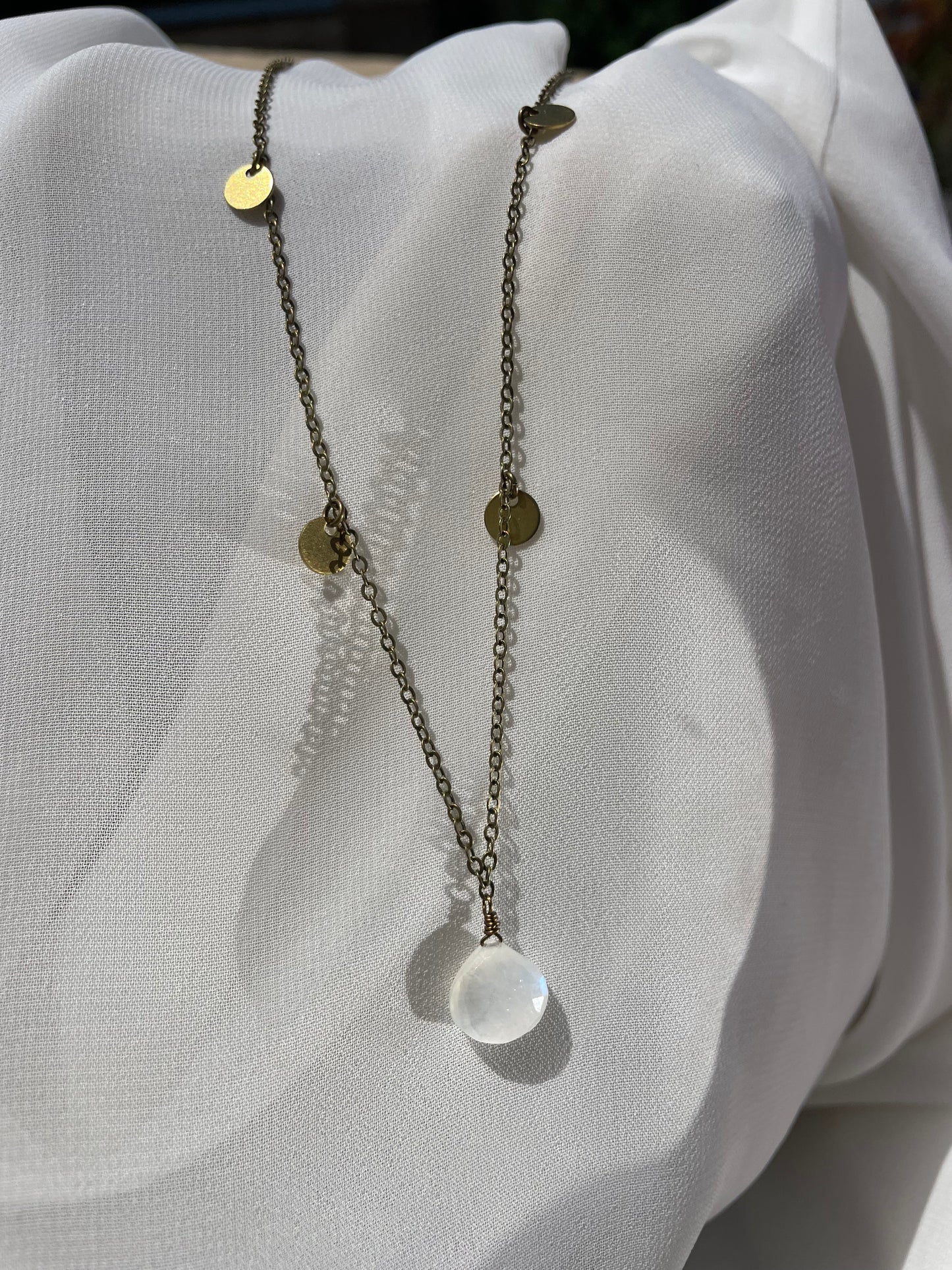 Rainbow Moonstone Dainty Dangle Disks Necklace