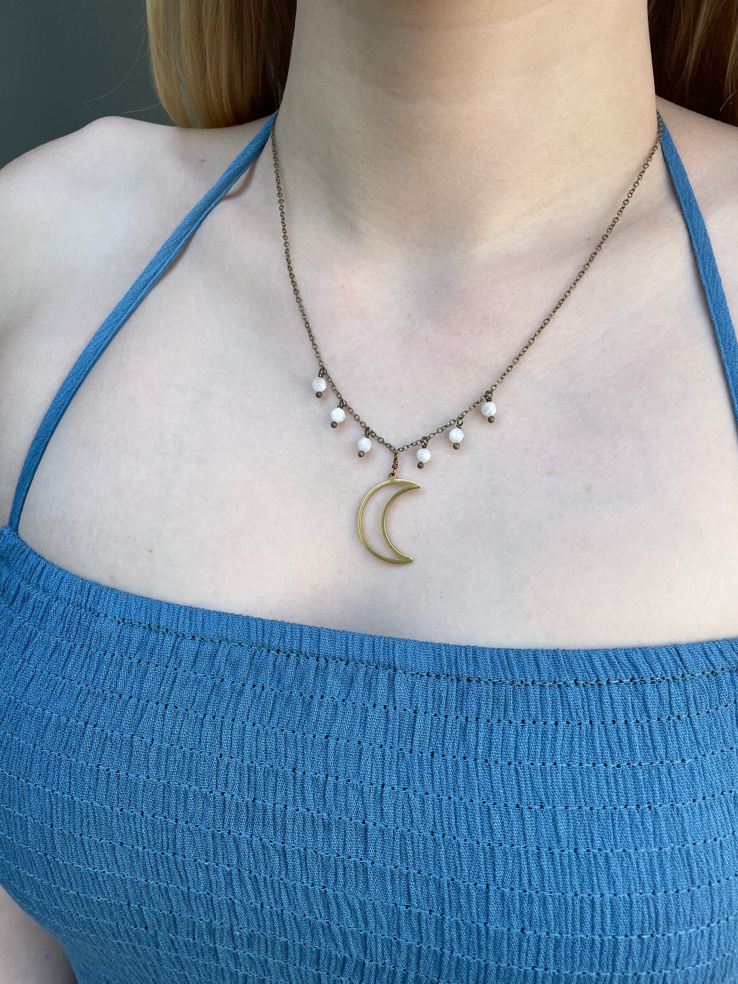 Gold Crescent Moon Rainbow Moonstone Necklace