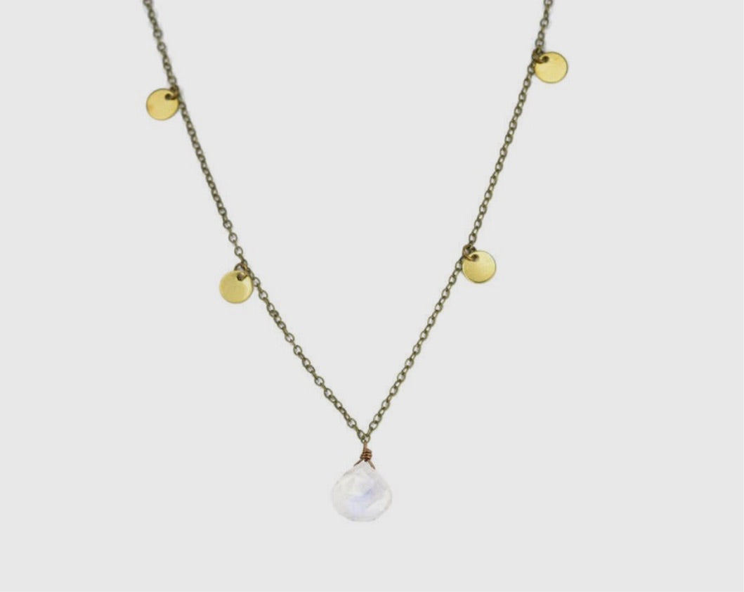 Rainbow Moonstone Dainty Dangle Disks Necklace