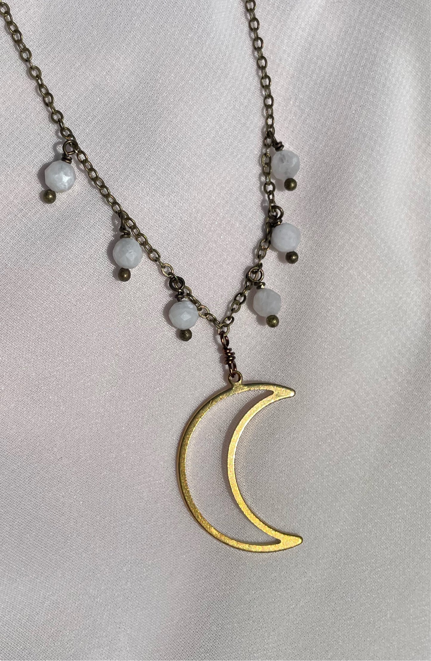 Gold Crescent Moon Rainbow Moonstone Necklace