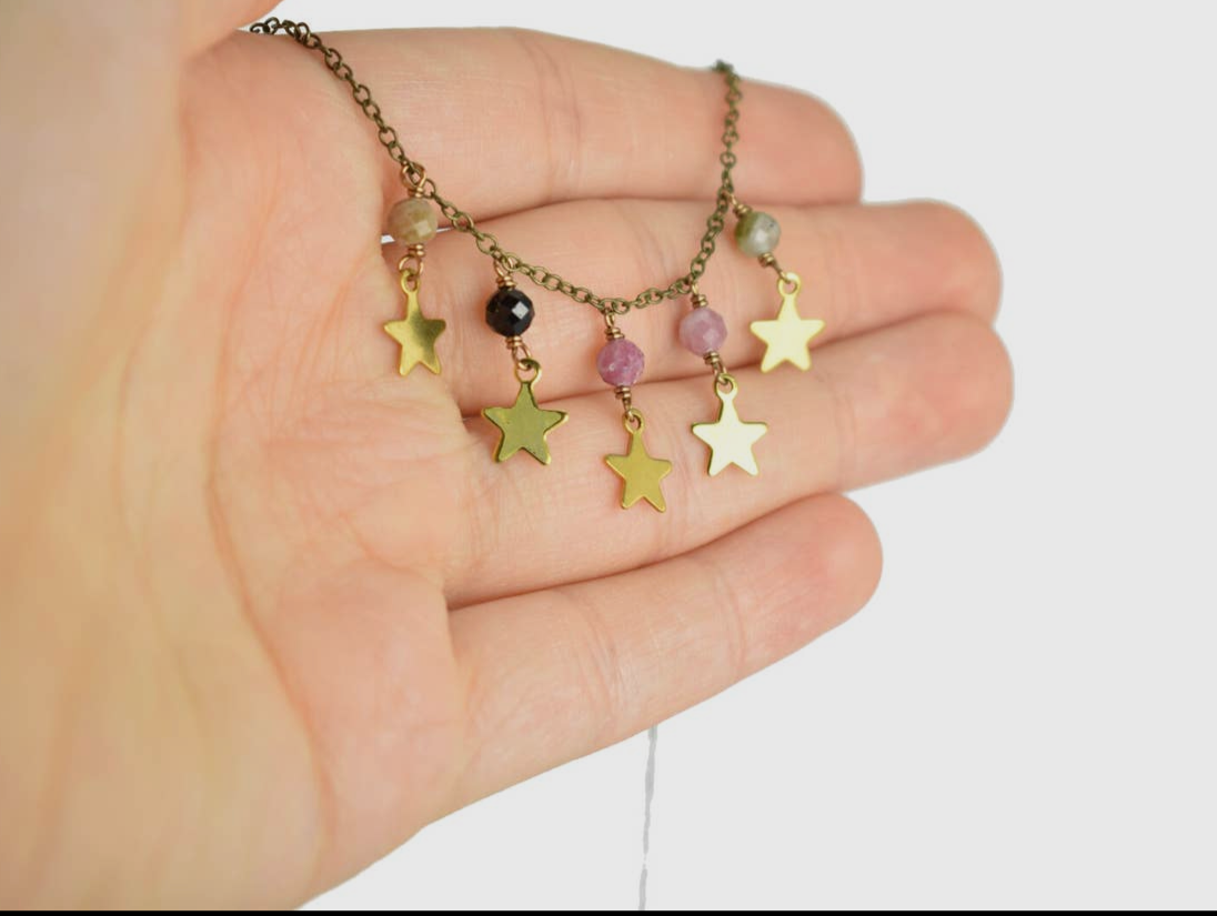 Watermelon Tourmaline Dainty Stars Necklace