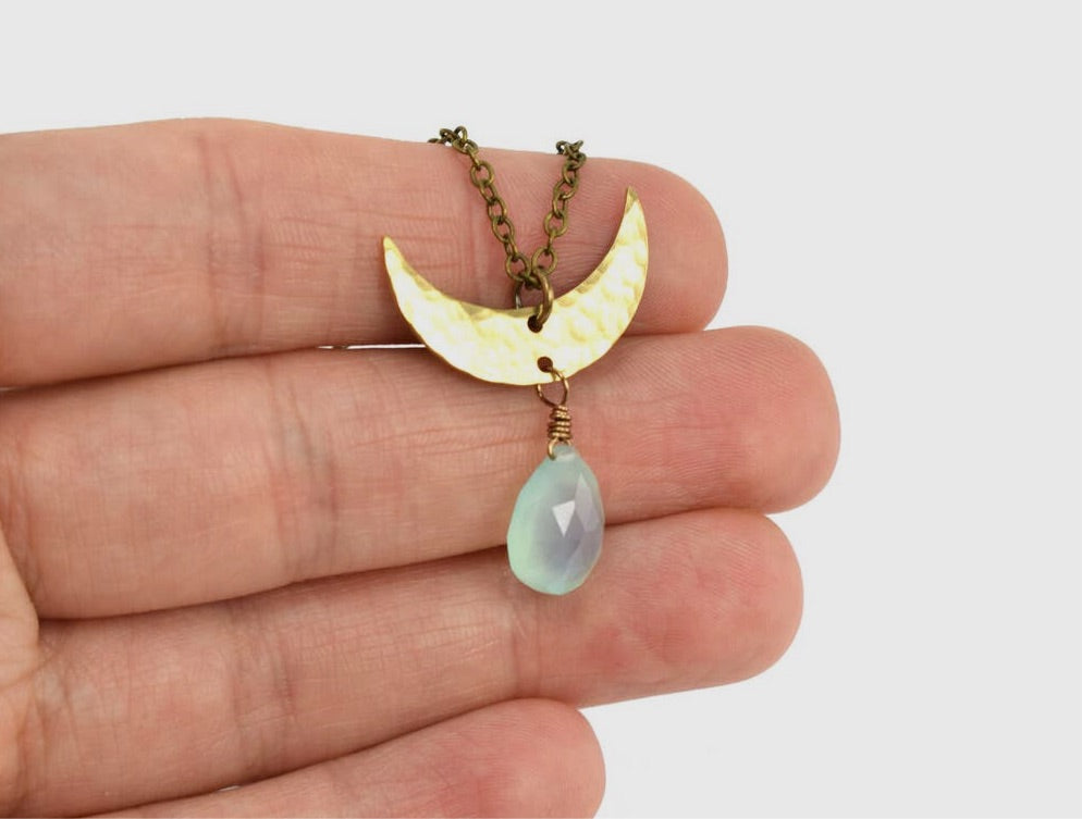 Hammered Crescent Moon with Seafoam Chalcedony