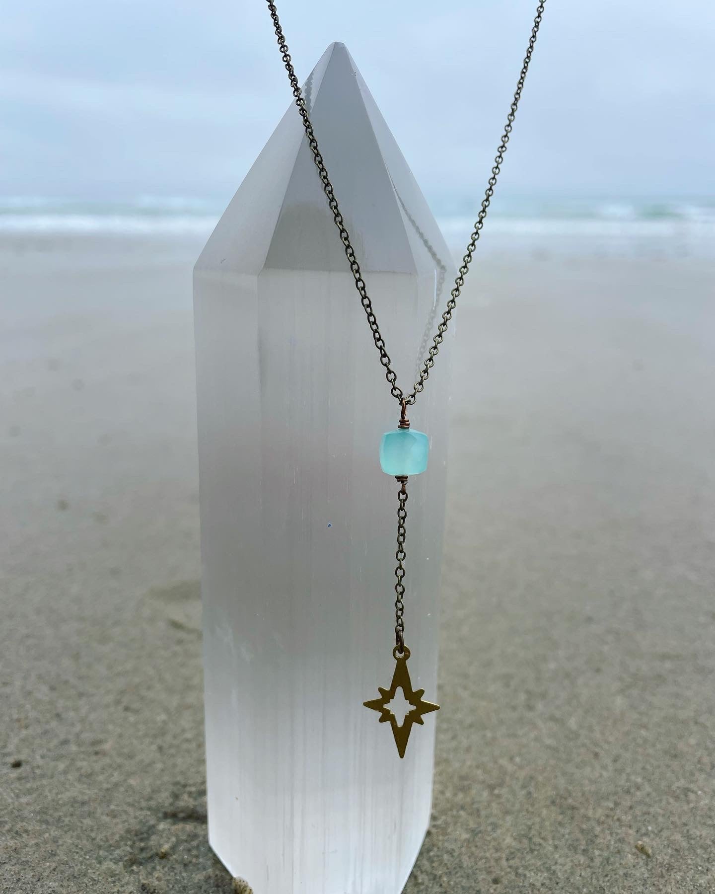 Seafoam Chalcedony Unique Handmade Star Chain Dangle Drop Necklace