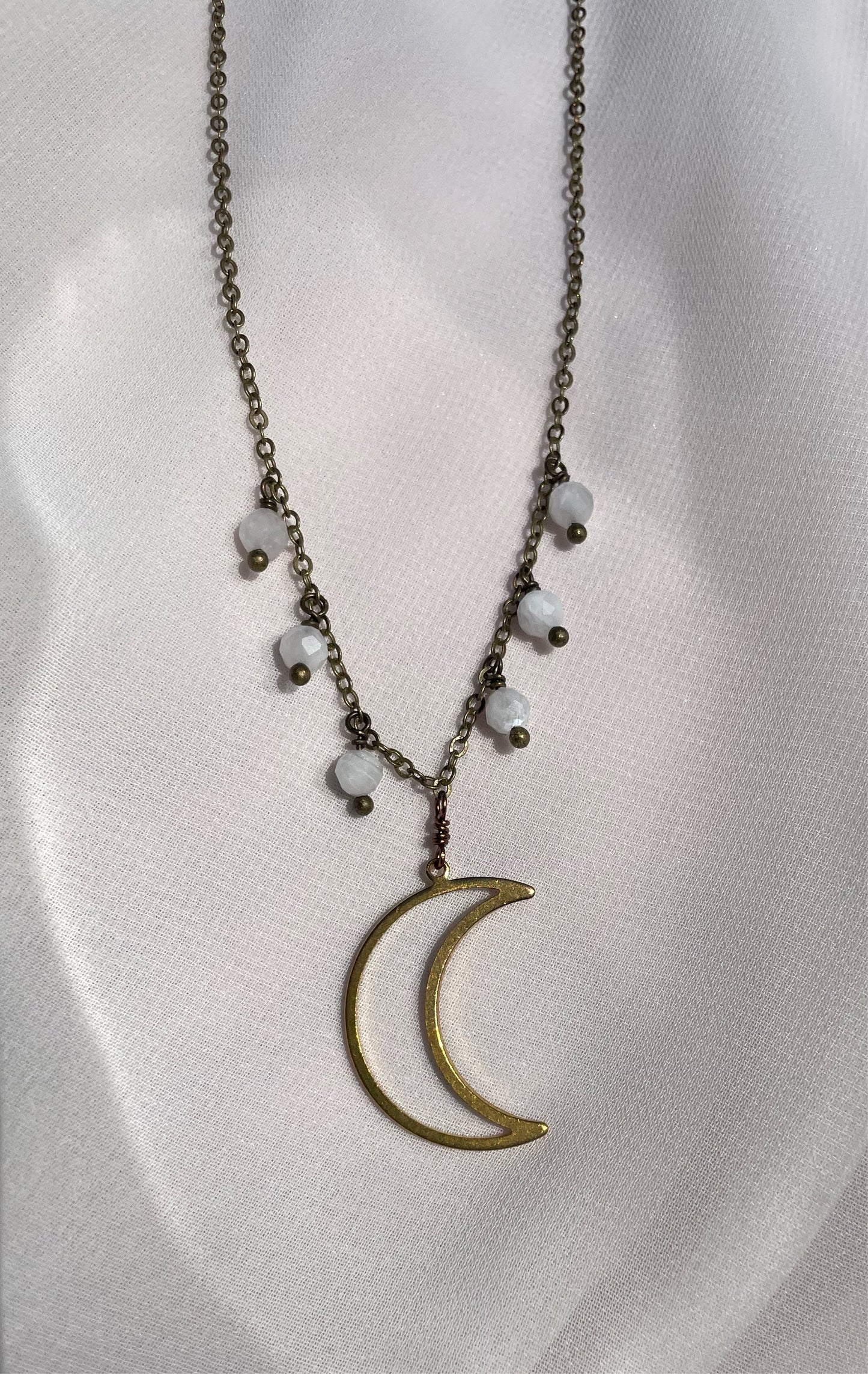 Gold Crescent Moon Rainbow Moonstone Necklace