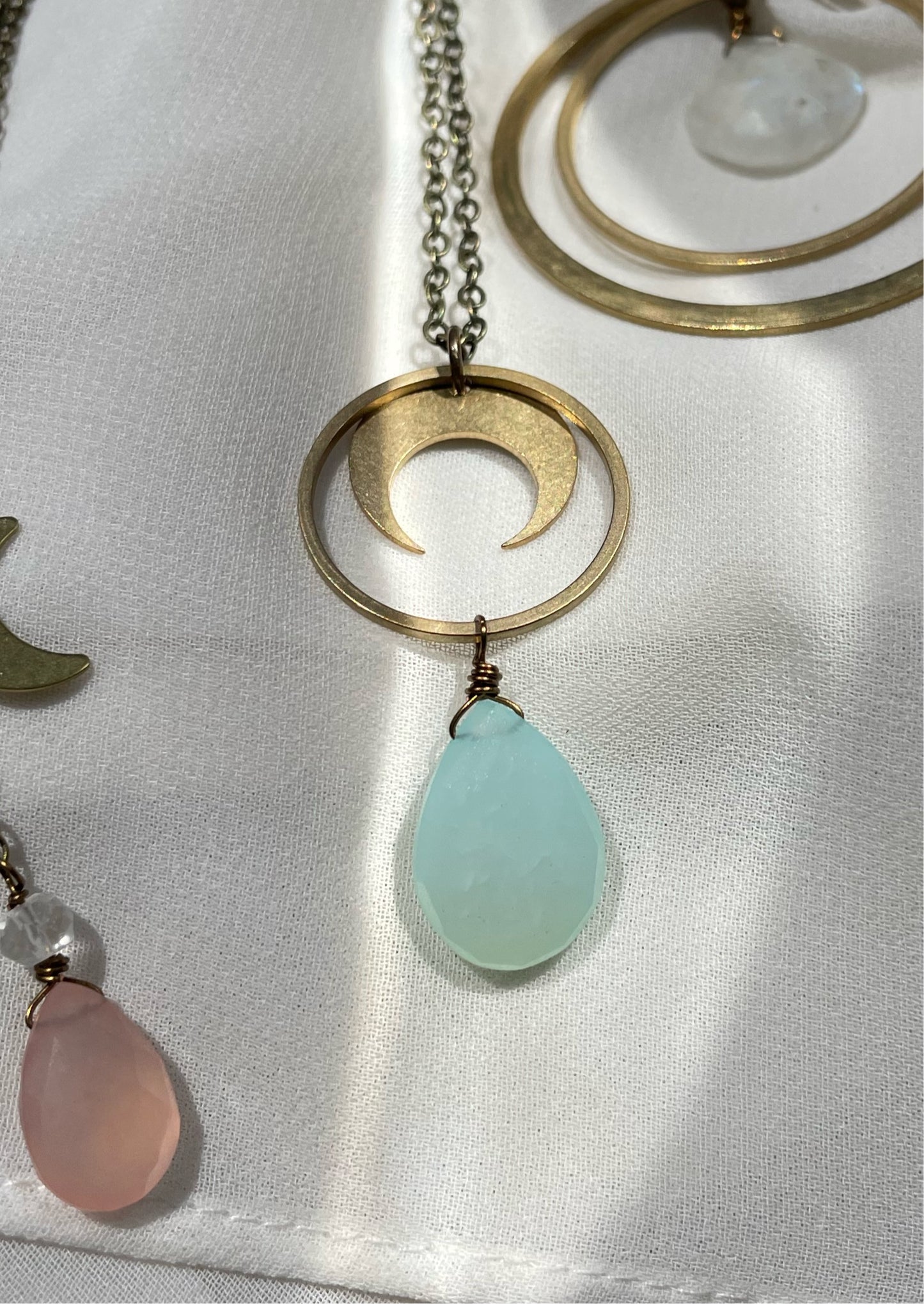 Seafoam Chalcedony Hammered Crescent Moon Circle Necklace