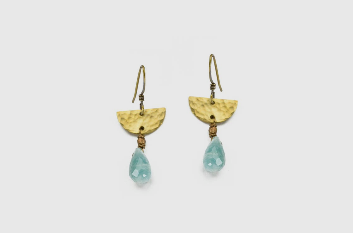 Dainty gold tone fishhook earrings with a natural blue stone half and a  hematite pave rhinestone half. Approximately 1/4 in length., 212557