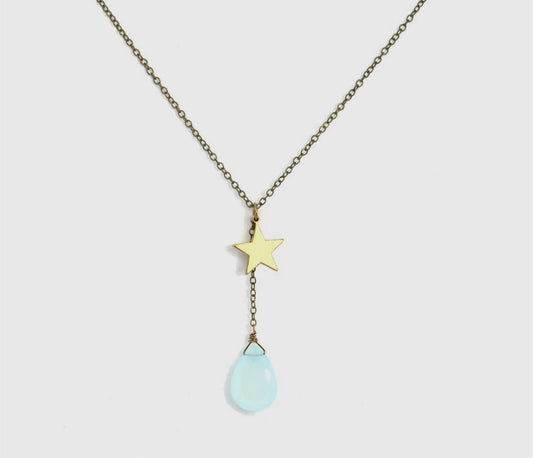 Seafoam Chalcedony Golden Star Chain Drop Necklace