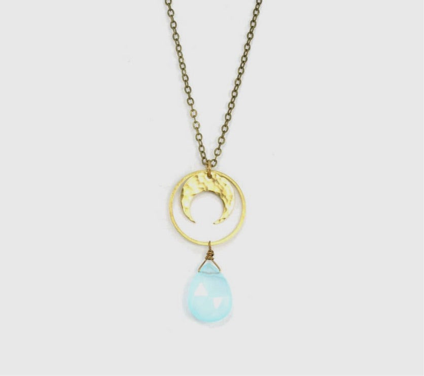 Seafoam Chalcedony Hammered Crescent Moon Circle Necklace