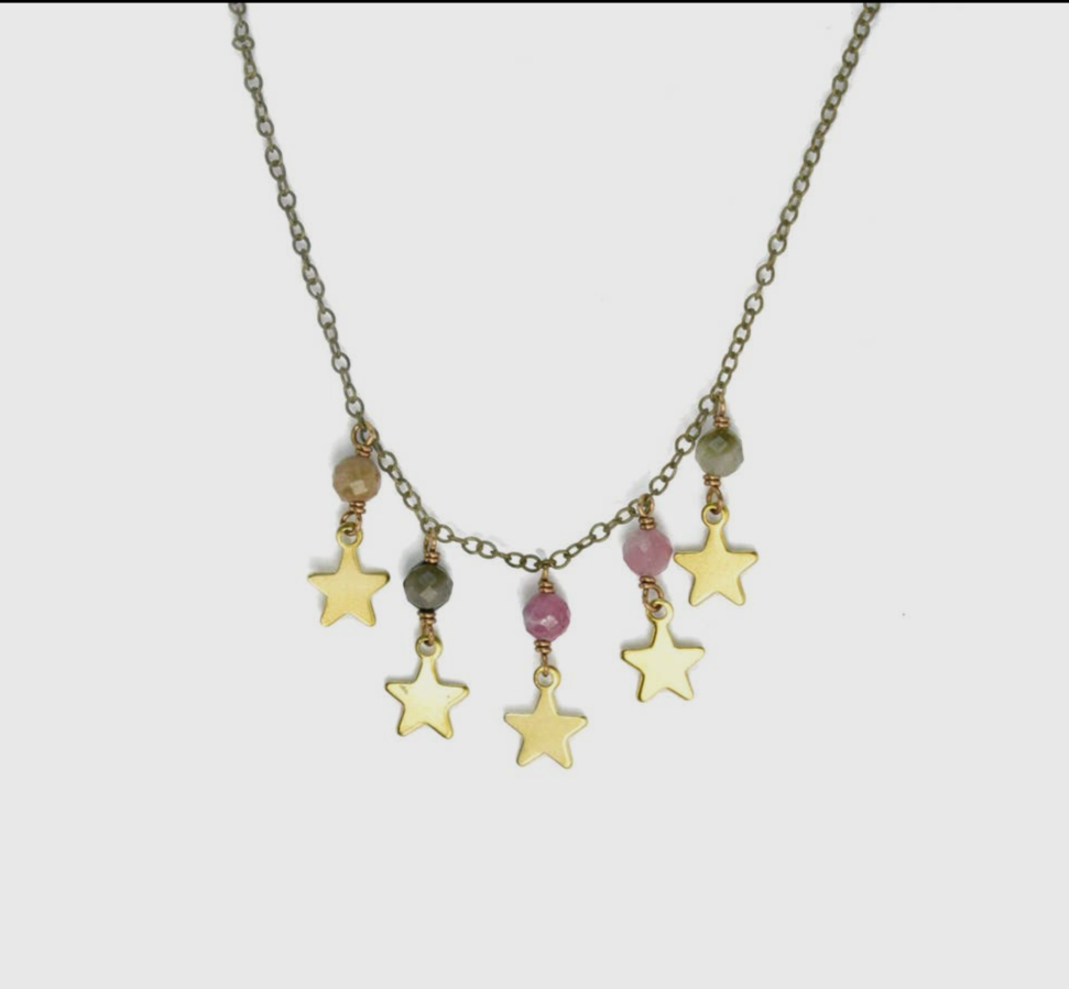 Watermelon Tourmaline Dainty Stars Necklace